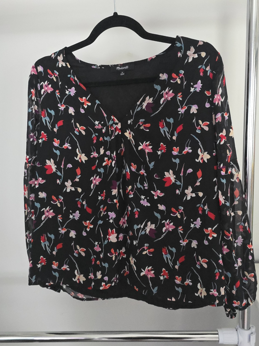 Madewell Floral V-Neck Blouse Size Medium Sheer Sleeves